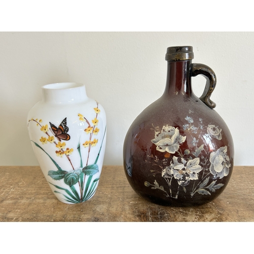 83 - A selection of mixed glassware including a painted brown bottle, a white glass hand painted vase (po... 