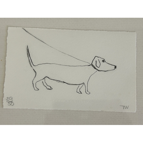 400 - Tessa Newcomb, a framed and glazed limited edition print of a dachshund, numbered 20/50, monogram 'T... 