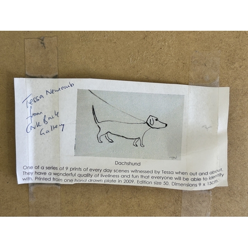 400 - Tessa Newcomb, a framed and glazed limited edition print of a dachshund, numbered 20/50, monogram 'T... 