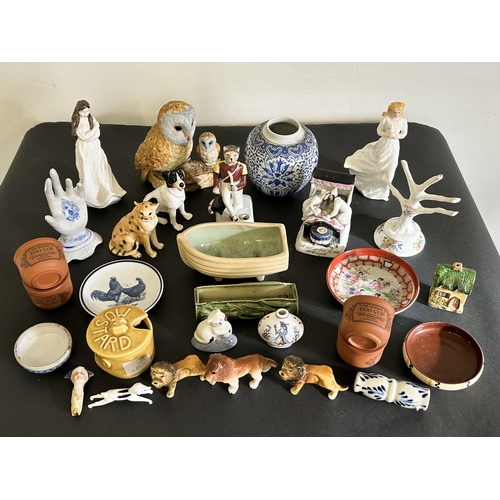 218 - A selection of mixed ceramics including two Doulton figures, Victorian pen stand, Fairing, animal fi... 