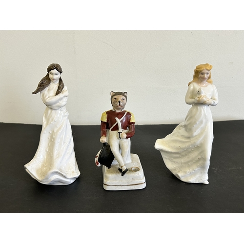 218 - A selection of mixed ceramics including two Doulton figures, Victorian pen stand, Fairing, animal fi... 