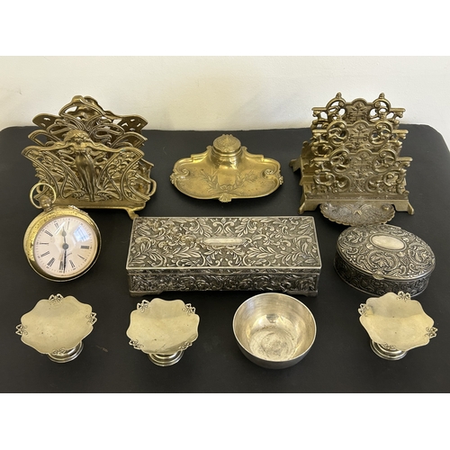 223 - Two brass letter racks, one in an Art Nouveau style plus silver plated boxes, brass inkwell etc