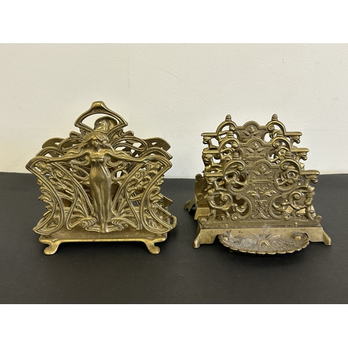 223 - Two brass letter racks, one in an Art Nouveau style plus silver plated boxes, brass inkwell etc