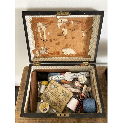 246 - An Edwardian inlaid sewing box with contents together with two other wooden boxes