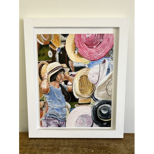 425 - A white framed oil on board 'Hat Stall', monogrammed J M and dated 2014, frame size 18 1/4