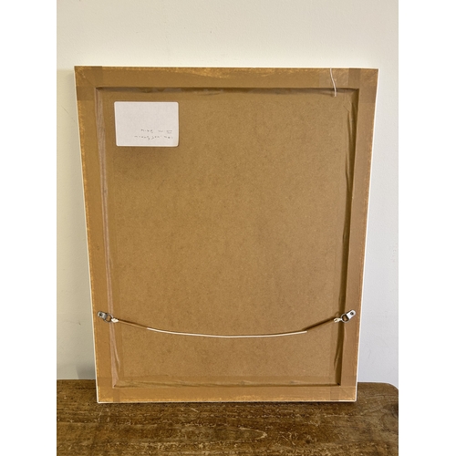 425 - A white framed oil on board 'Hat Stall', monogrammed J M and dated 2014, frame size 18 1/4