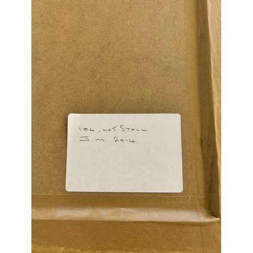 425 - A white framed oil on board 'Hat Stall', monogrammed J M and dated 2014, frame size 18 1/4