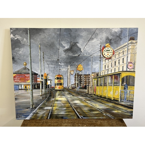 426 - An unframed oil on canvas marked 'Tram, Blackpool Seafront' on inside of frame, monogrammed J M, 31 ... 