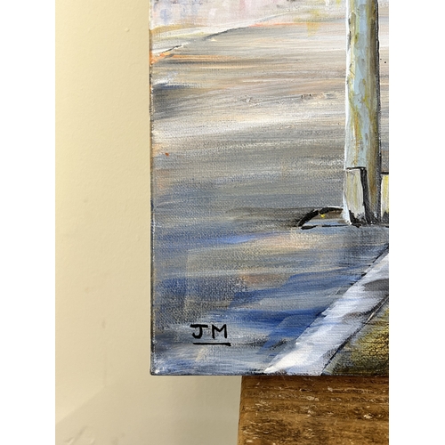 426 - An unframed oil on canvas marked 'Tram, Blackpool Seafront' on inside of frame, monogrammed J M, 31 ... 