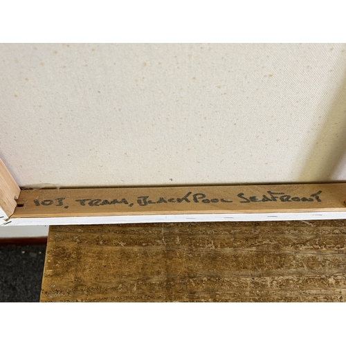 426 - An unframed oil on canvas marked 'Tram, Blackpool Seafront' on inside of frame, monogrammed J M, 31 ... 