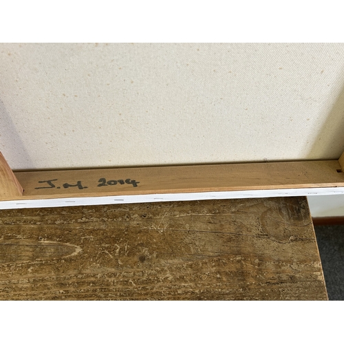 426 - An unframed oil on canvas marked 'Tram, Blackpool Seafront' on inside of frame, monogrammed J M, 31 ... 