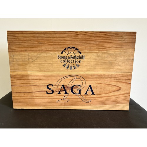 504 - A still sealed wooden box of six Barons De Rothschild Saga Collection red wines