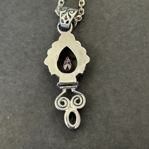 123 - A 925 sterling silver and amethyst colour stone set pendant on a 925 chain together with two pairs o... 