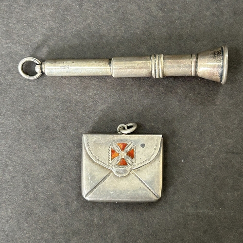 151 - A hallmarked silver cigar piercer together with a silver and enamel stamp case, combined weight appr... 