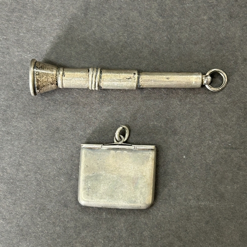 151 - A hallmarked silver cigar piercer together with a silver and enamel stamp case, combined weight appr... 