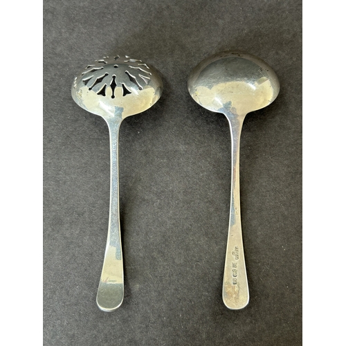 165 - A matching pair of hallmarked silver small ladle and sifting spoon, same maker, one marked for Birmi... 