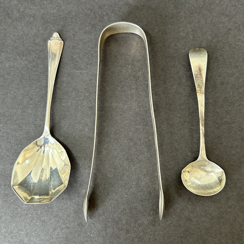 167 - Hallmarked 19th Century silver tongs together with a single silver spoon and a Georgian mustard spoo... 