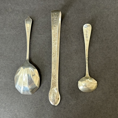 167 - Hallmarked 19th Century silver tongs together with a single silver spoon and a Georgian mustard spoo... 