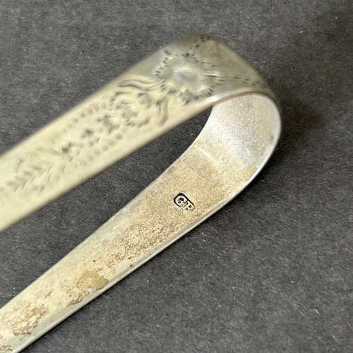 167 - Hallmarked 19th Century silver tongs together with a single silver spoon and a Georgian mustard spoo... 
