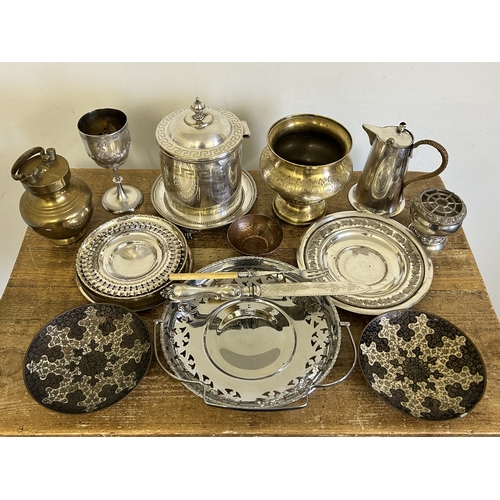 250 - A selection of mixed vintage metalwares including a biscuit barrel, goblet etc