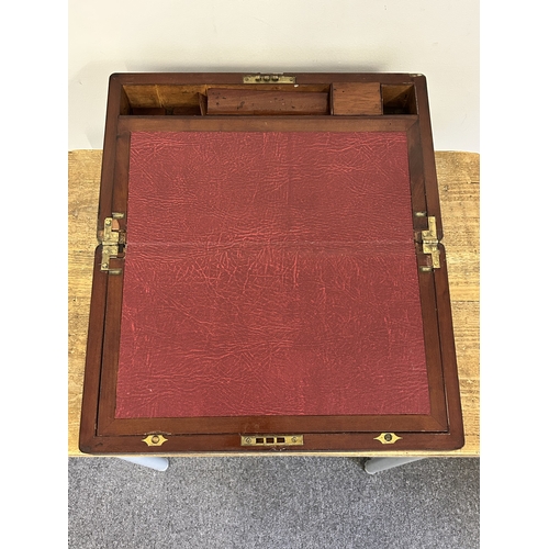 26 - An antique brass banded writing slope with secret drawer, 17 3/4