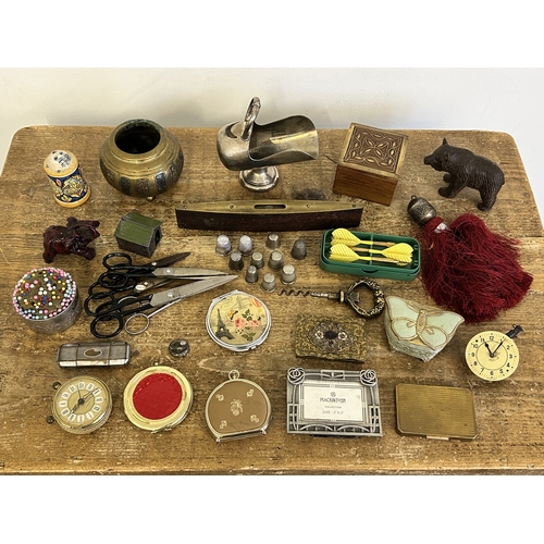 30 - Various mixed interesting items including powder compacts, scissors, thimbles etc