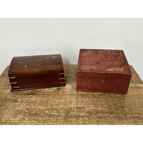 343 - A vintage brass inlaid jewellery box with secret opening together with a vintage leather covered exa... 