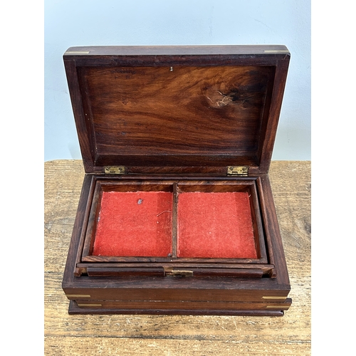 343 - A vintage brass inlaid jewellery box with secret opening together with a vintage leather covered exa... 