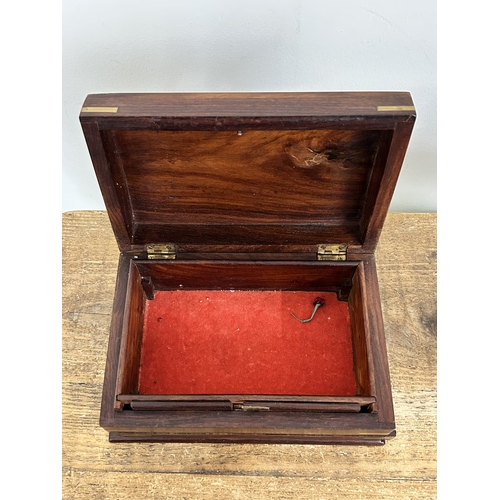 343 - A vintage brass inlaid jewellery box with secret opening together with a vintage leather covered exa... 