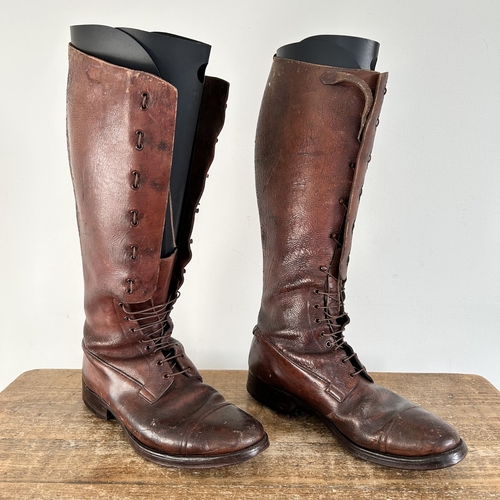 367 - A pair of WW1 era knee high soft leather upper Officers boots, possibly a private purchase (signs of... 