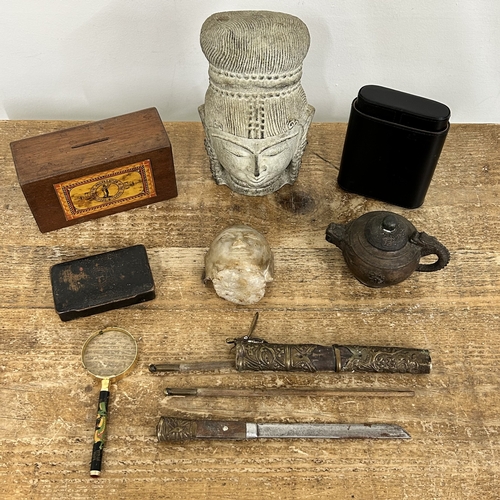 378 - A selection of mixed items including a Japanese knife with chopsticks, metal Buddha head, Oriental b... 