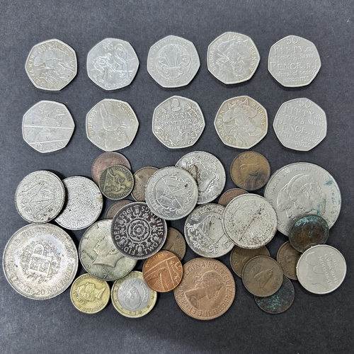 382 - Ten collectors 50p coins together with a small collection of mixed coins etc