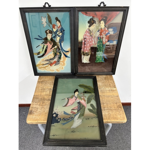 445 - Three vintage Oriental reverse glass painted wood framed pictures, all with metal hangers, frame siz... 