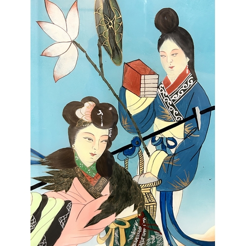 445 - Three vintage Oriental reverse glass painted wood framed pictures, all with metal hangers, frame siz... 