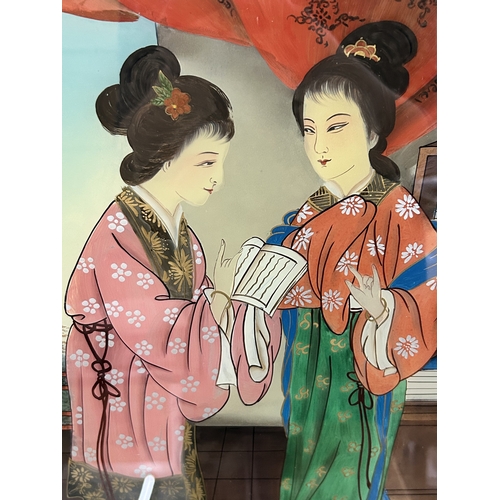 445 - Three vintage Oriental reverse glass painted wood framed pictures, all with metal hangers, frame siz... 