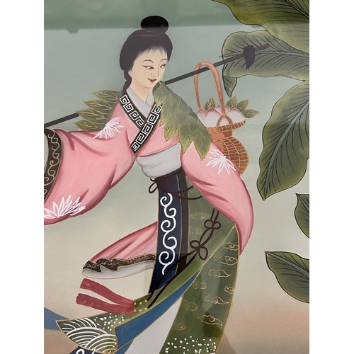 445 - Three vintage Oriental reverse glass painted wood framed pictures, all with metal hangers, frame siz... 