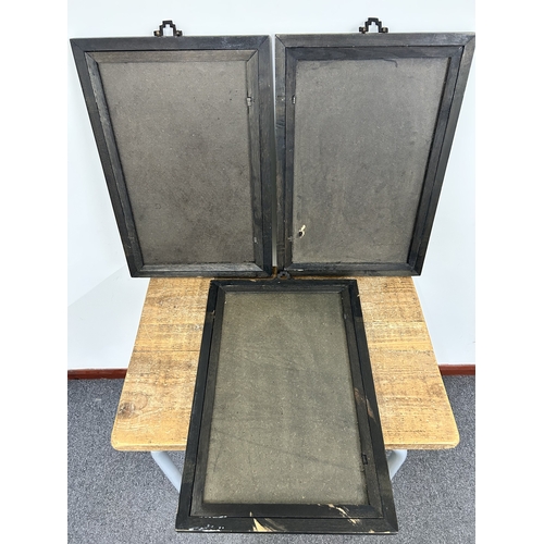 445 - Three vintage Oriental reverse glass painted wood framed pictures, all with metal hangers, frame siz... 