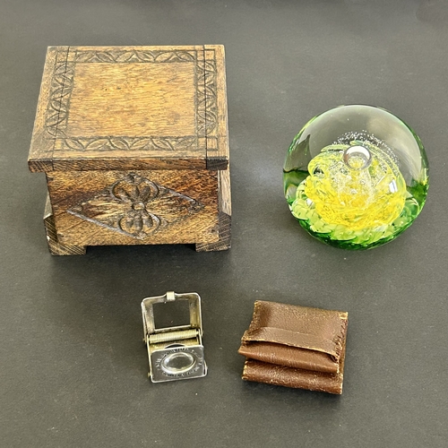 78 - A vintage small wood music box plus a German spring loaded magnifier and a Selkirk Glass paperweight