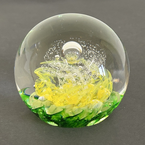 78 - A vintage small wood music box plus a German spring loaded magnifier and a Selkirk Glass paperweight