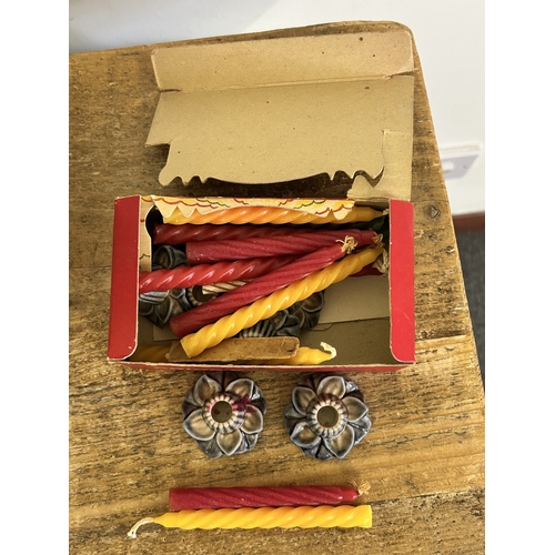 91 - A collection of vintage items including tins, Price's candle set, clothes hangers etc