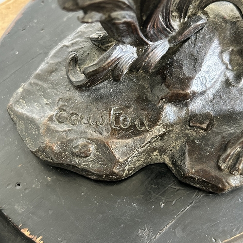 97 - A pair of 19th Century bronze Marley horse and attendant figures, both marked 'Coustou' to base and ... 