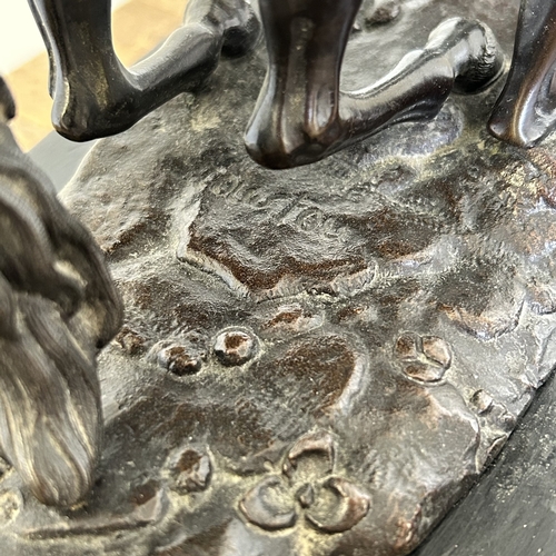 97 - A pair of 19th Century bronze Marley horse and attendant figures, both marked 'Coustou' to base and ... 