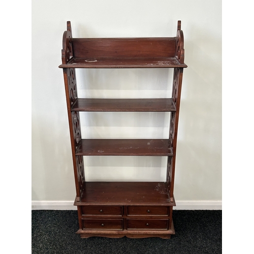 400 - A vintage Chinese style open bookcase with four small drawers at the base, 44