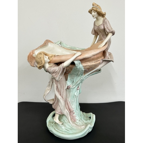 100 - A large Royal Dux Art Nouveau porcelain figure group of two females with a large shell, approx. 19 1... 