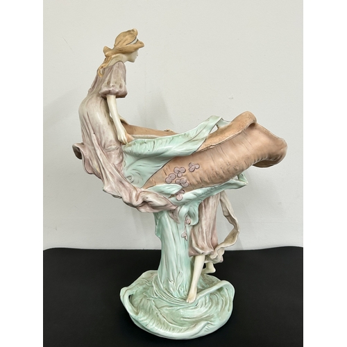 100 - A large Royal Dux Art Nouveau porcelain figure group of two females with a large shell, approx. 19 1... 