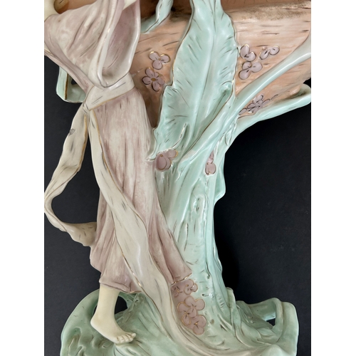 100 - A large Royal Dux Art Nouveau porcelain figure group of two females with a large shell, approx. 19 1... 