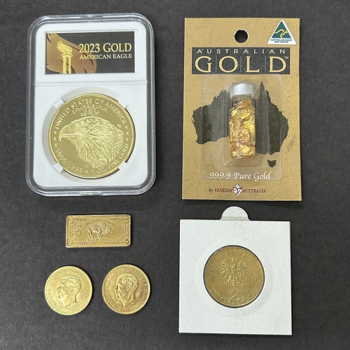 105 - Various gold plated collectors coins including a 2023 American eagle, a mini 5 cent bar with buffalo... 
