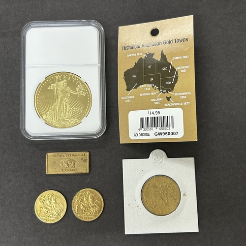 105 - Various gold plated collectors coins including a 2023 American eagle, a mini 5 cent bar with buffalo... 