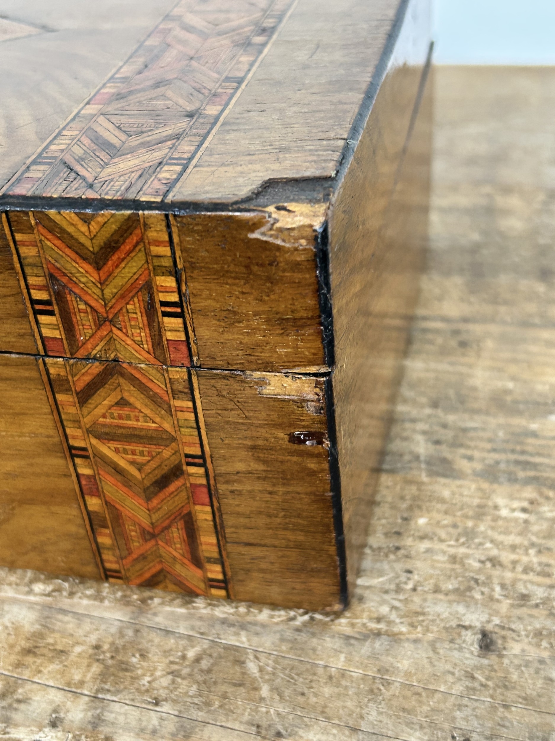 Three vintage wooden boxes including a Tunbridge ware example ...
