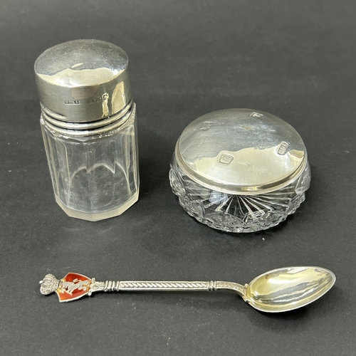 181 - A hallmarked silver lidded dressing table glass jar with internal stopper, approx. 3